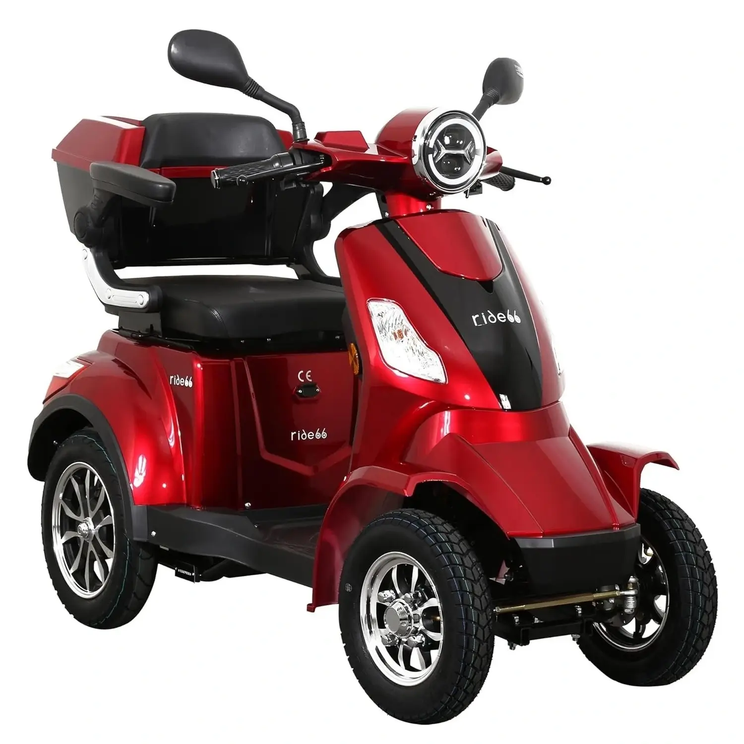 Scooter électrique 4 roues pour seniors offrant grande autonomie et sécurité maximale.