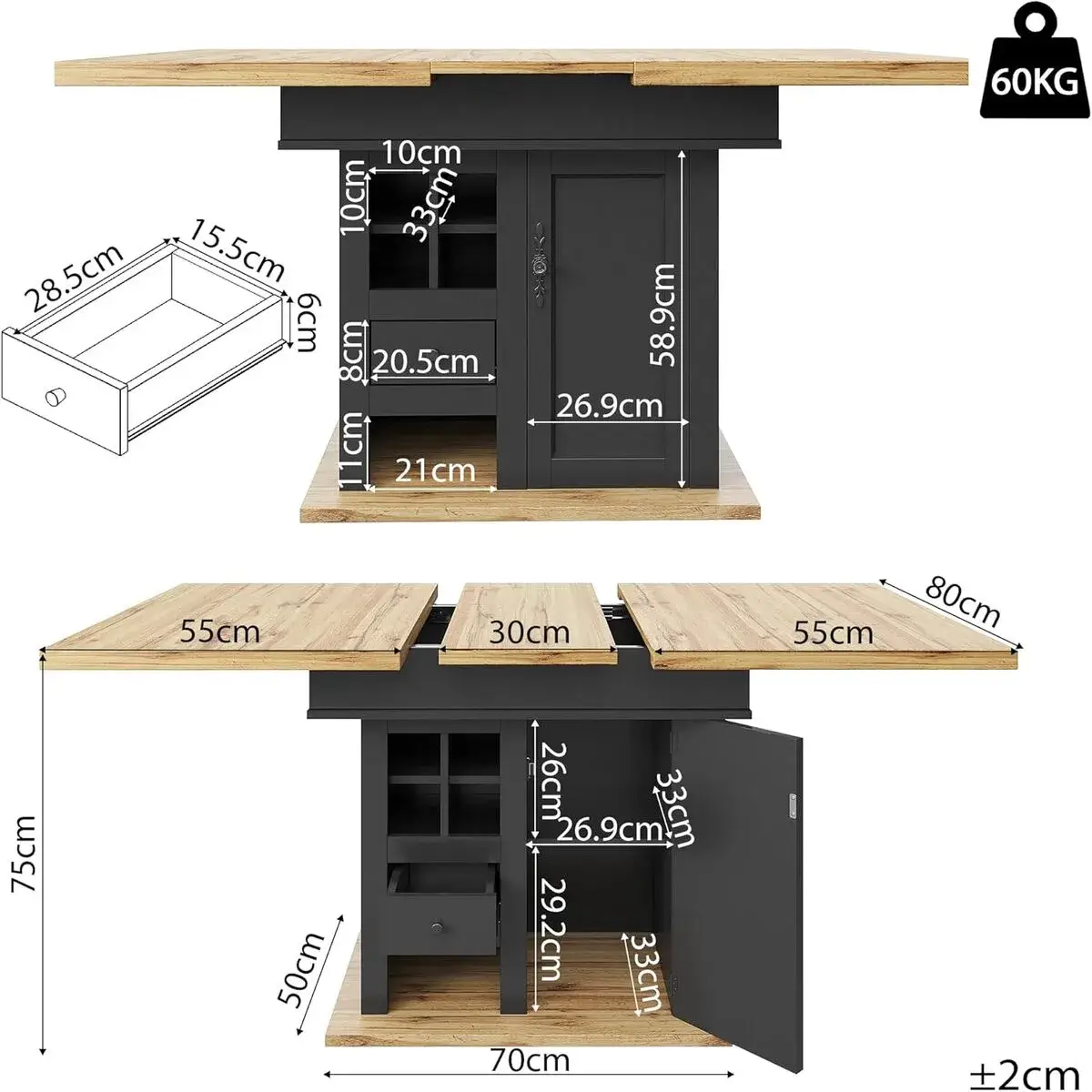 Table à manger extensible – Plateau spacieux et design moderne – Confort 4 à 6 personnes – Image 3